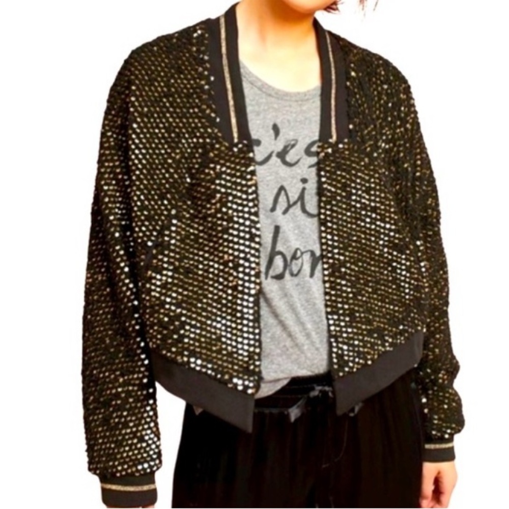 ett:twa Anthropologie Black &‎ Gold Sequin Jacket Size Small EUC